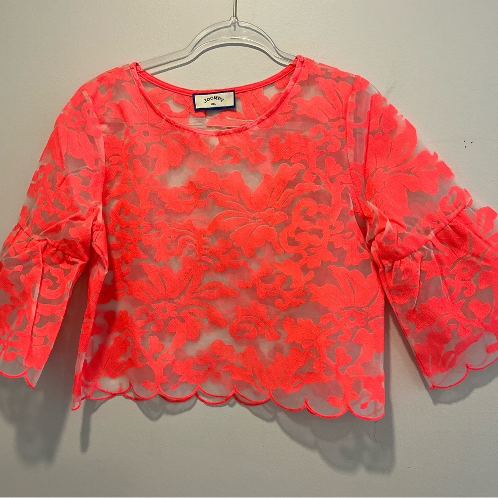 Joompy USA Sheer Floral Lace Top in Neon orange color